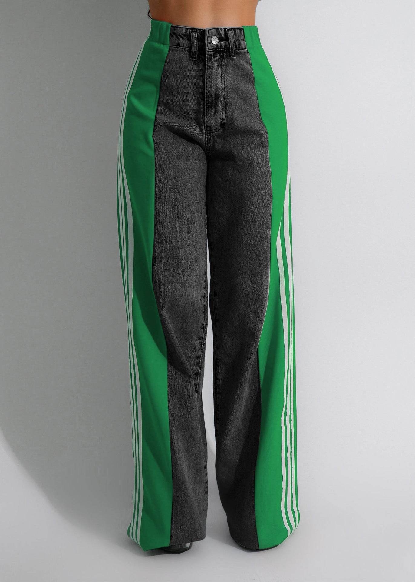 2024 Fashion Casual High Waist Elastic Straight Leg Trousers Three Stripe Patchwork Denim Wide Leg Pants Streetwear - Velora