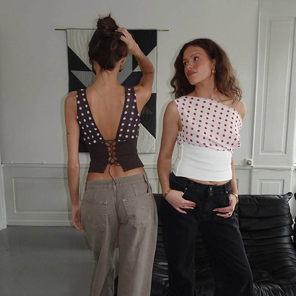 Polka Dots Print Oblique Shoulder Tops Summer Patchwork Chiffon Crop Top Women Sexy Sleeveless Lace Up Backless Blouse Casual Streetwear Tee - Velora