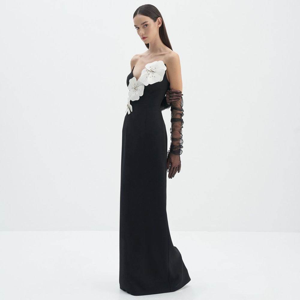 Black Backless Bandage Chest White Exquisite Flower Decorative Dress For Women Dress - Velora
