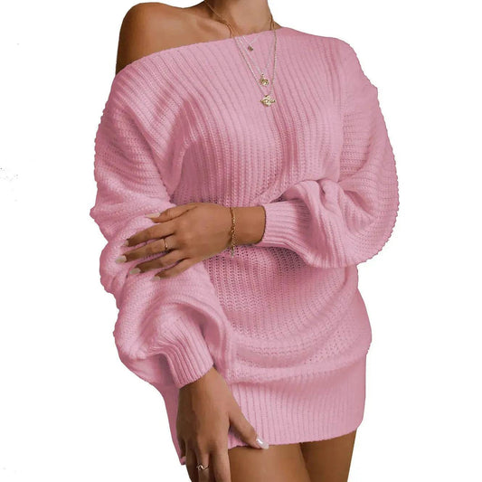 Autumn Winter Slant Shoulder Off Lantern sleeve Mini knitted wool sweater dress - Velora