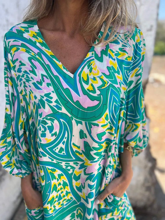 Full Size Printed V-Neck Dress with Pockets Plus Size - Velora