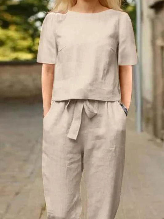 Full Size Round Neck Short Sleeve Top and Pants Set Plus Size - Velora