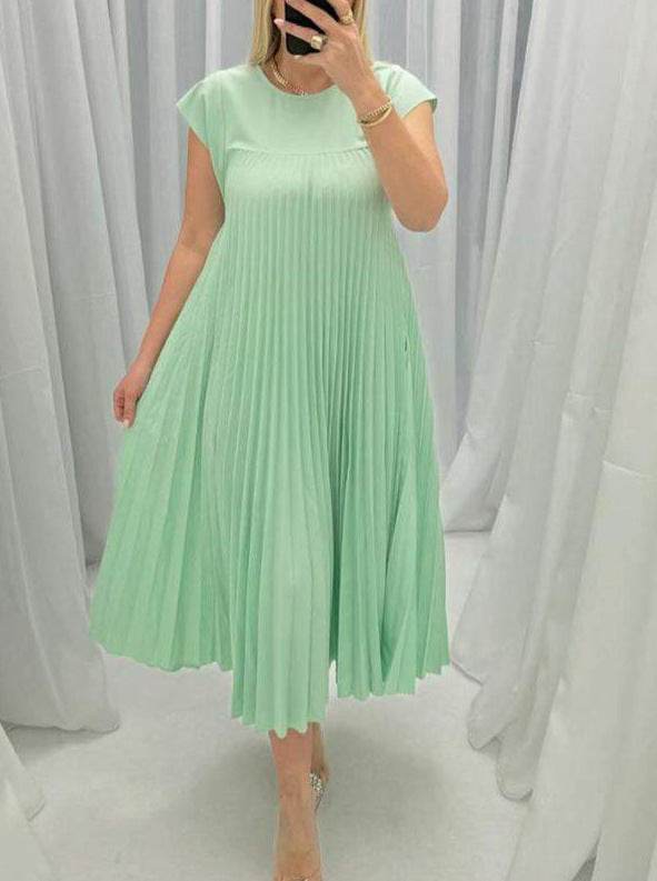 Short Sleeve Pleated Long Dress Summer Round Neck Dress Women's Clothing - Velora