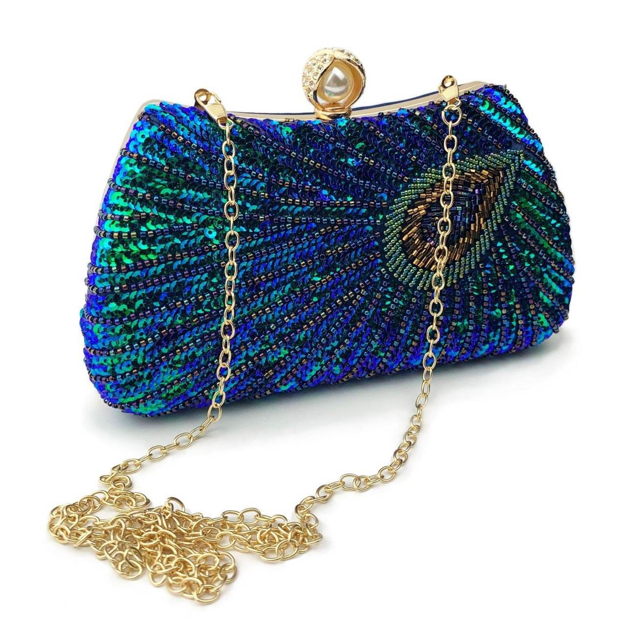 Beaded Peacock Feather Large Pearl Rhinestone Large Capacity Crossbody Shoulder Bag - Velora