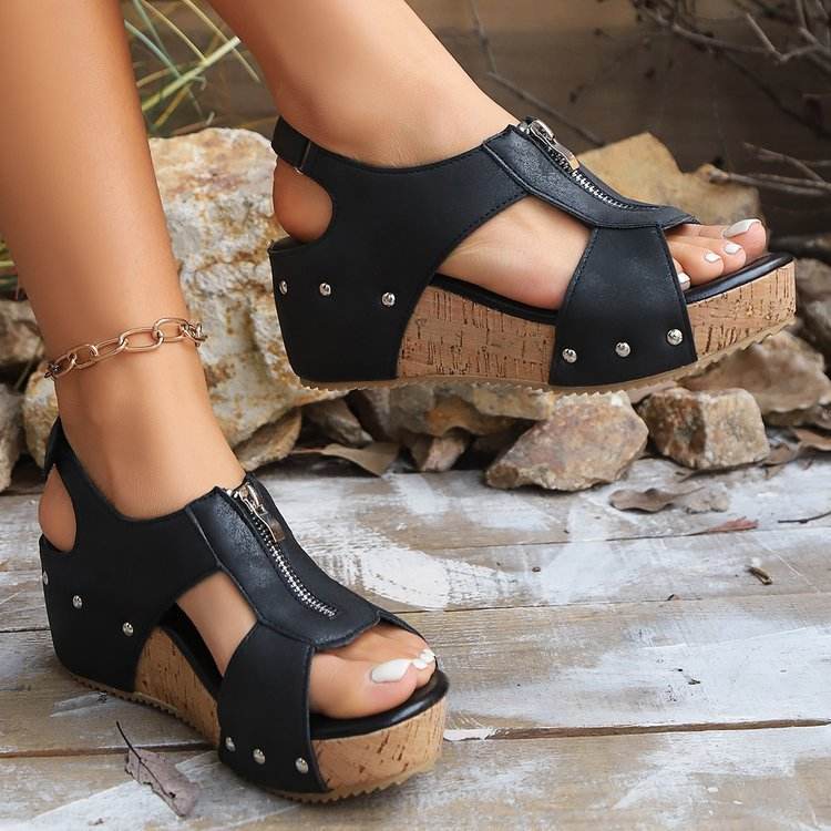 Summer Zipper Wedges Sandals Women's Lightweight Height Increasing Shoes Fashion Casual Sandals - Velora
