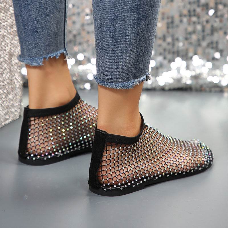 New Hollow Flat Sandals With Rhinestone Design Summer Fashion Round Toe Shoes For Women - Velora