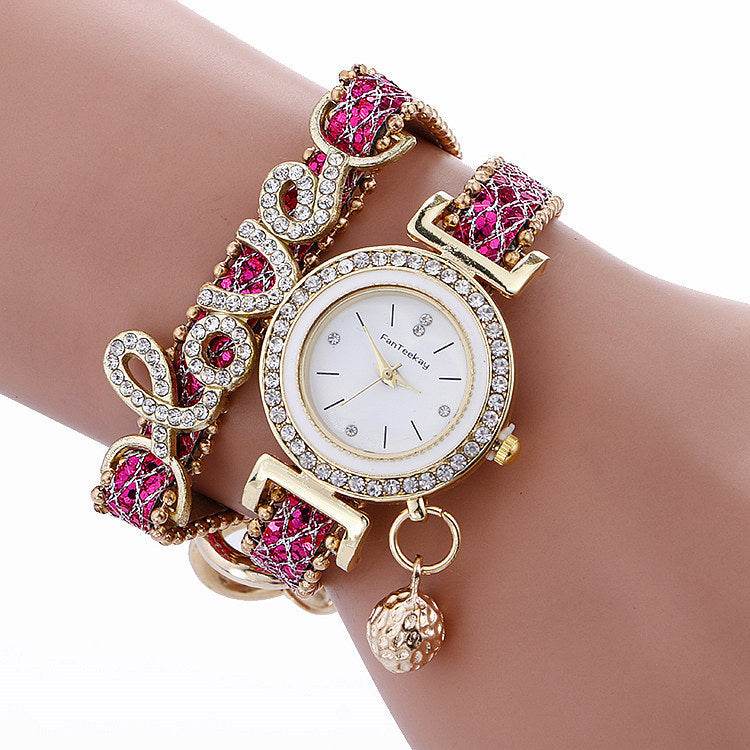 Fashion Women Rhinestone Leather Bracelet watch - Velora