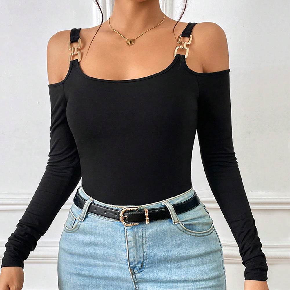 Women's Spring And Summer Fashion Simple Suspender Off-Shoulder Metal Hook Long-Sleeved Sexy Top - Velora