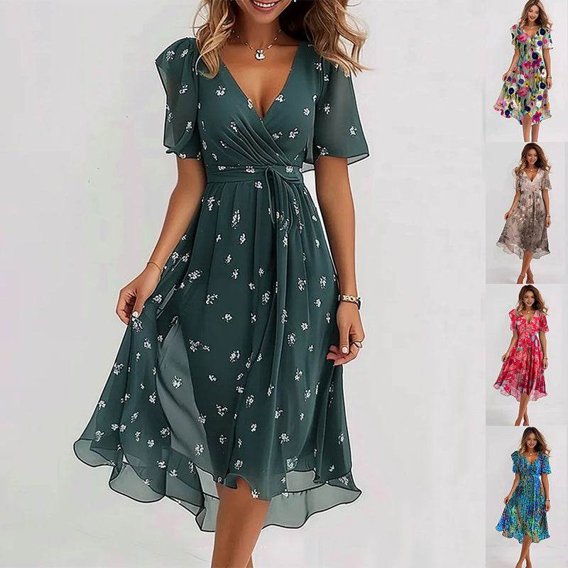 Chiffon Printed Short Sleeve Dress Summer Elegant V-neck Dresses Womens Clothing - Velora
