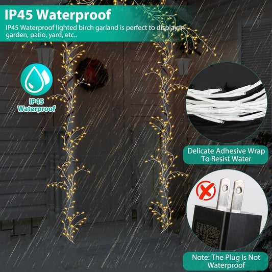 1Pc 7.87FT Lighted Birch Garland Lighted Twig Vine Lights 144LED Birch Garland With Lights String Light With Timer 8 Modes IP45 Waterproof For Christmas Fireplace Home Decoration - Velora