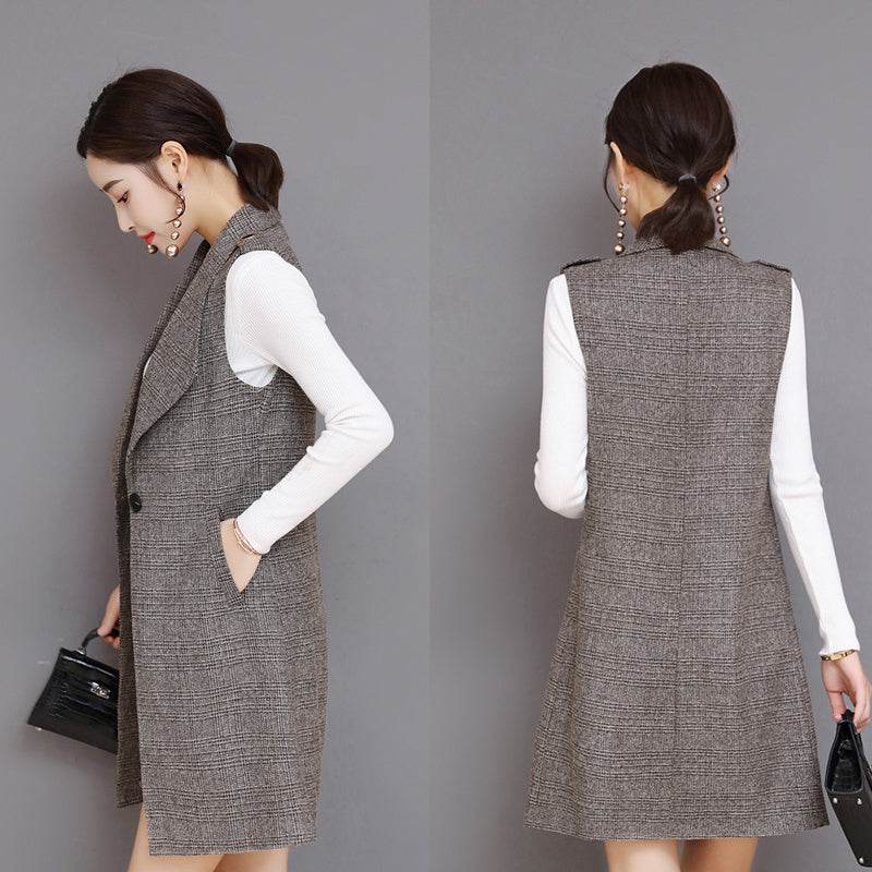 Plaid Long Blazer Vest Women Sleeveless Jacket - Velora