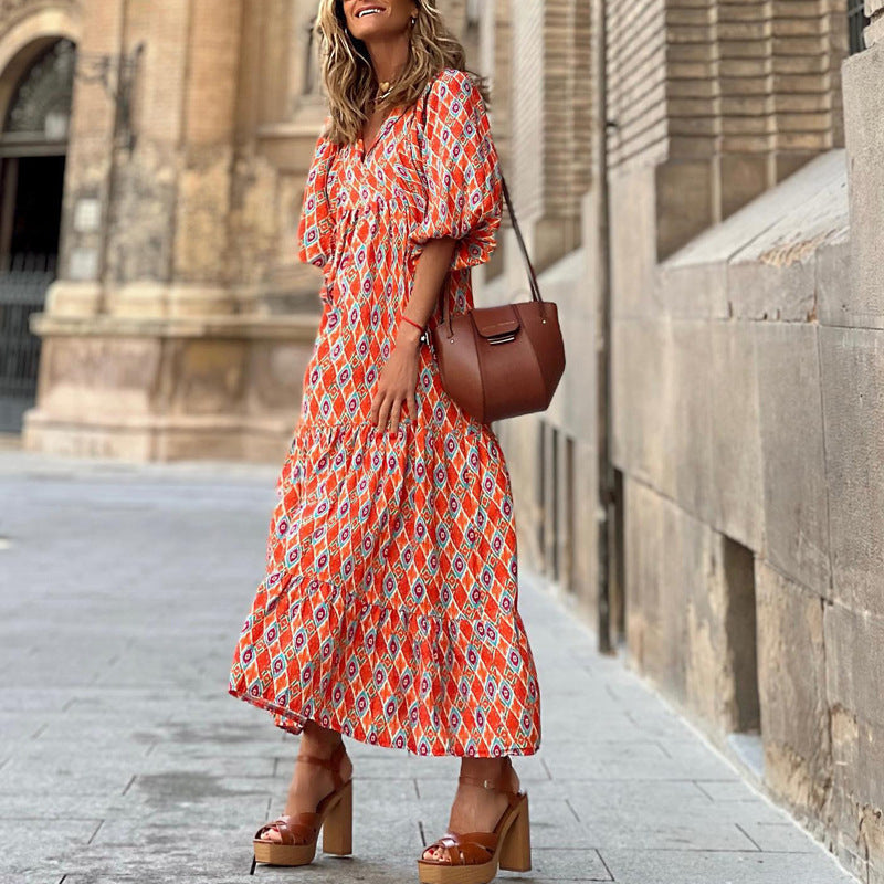 Summer Women's Vintage Printed Bohemian Dress Elegant Ladies Casual Loose V-Neck Short Sleeve Long Dresses Velora