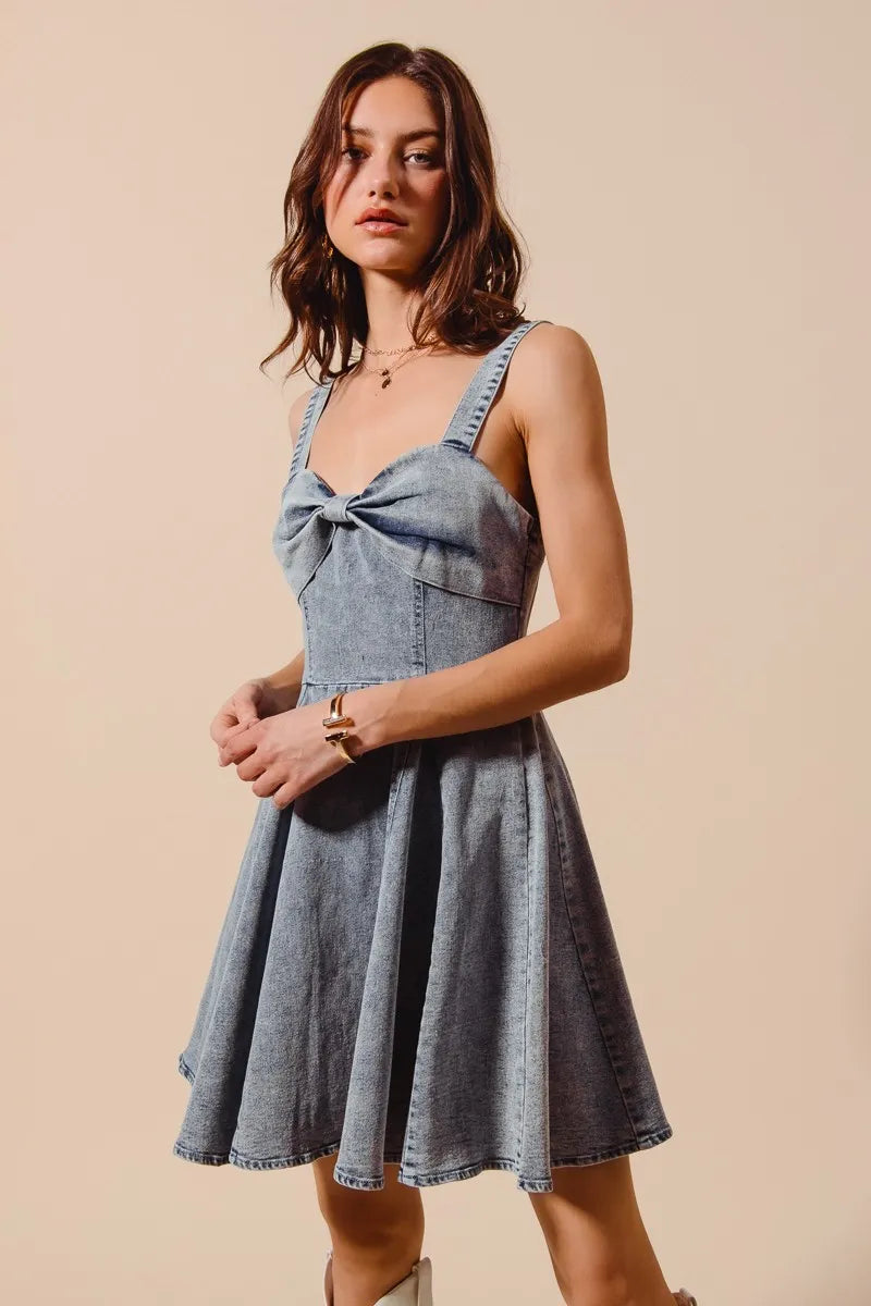 SO ME Mineral Washed Bow Ribbon Denim Flare Dress - Velora