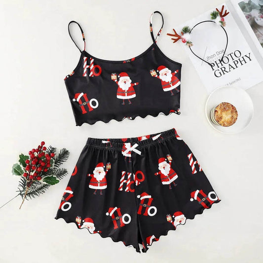 Christmas European And American Thin Pajamas Women's Sleeveless Shorts Milk Silk Simple Casual Two-piece Suit Homewear - Velora