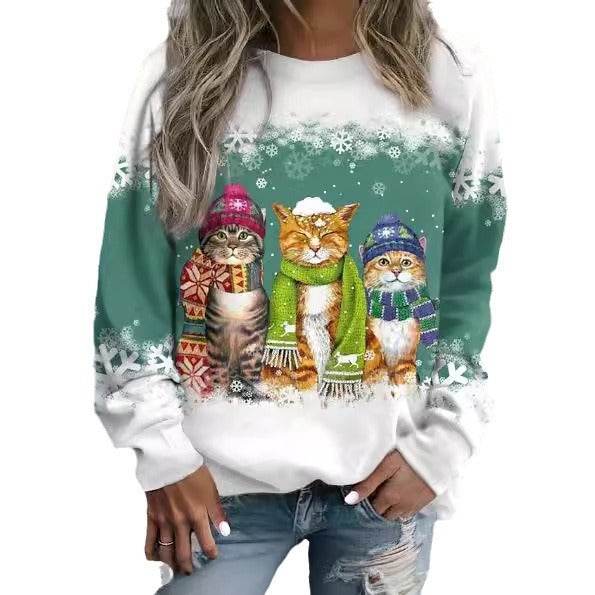 Cross-border Women's Christmas New Snowman And Cat Printed Long Sleeve Casual Loose-fitting T-shirt Christmas Supplies - Velora
