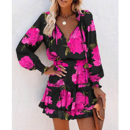 Flowers Print Long Sleeve Dress Fashion Patchwork Puff Sleeve Waist Dresses Womens Clothing - Velora