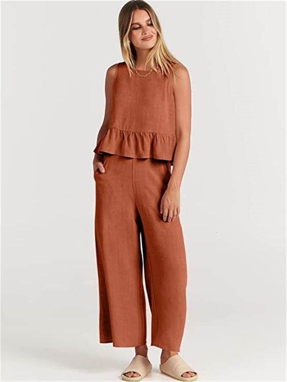Casual Suit Summer Sleeveless Pleated Vest And Wide-leg Cropped Pants Fashion Two Piece Sets Women - Velora