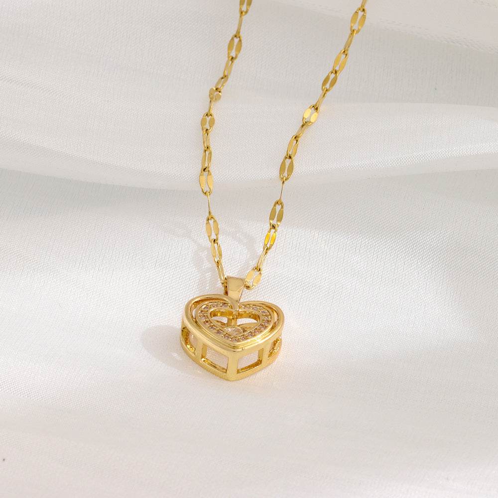 Double-layer Love Necklace With Rhinestones Titanium Steel Pendant Fashion Jewelry Woman Valentines Day Gift - Velora
