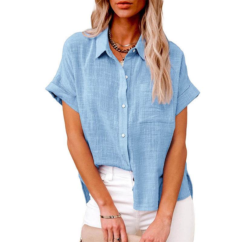 Summer Lapel Short Sleeve Shirt With Pockets Fashion Casual Solid Color Button Tops Women's Clothing - Velora