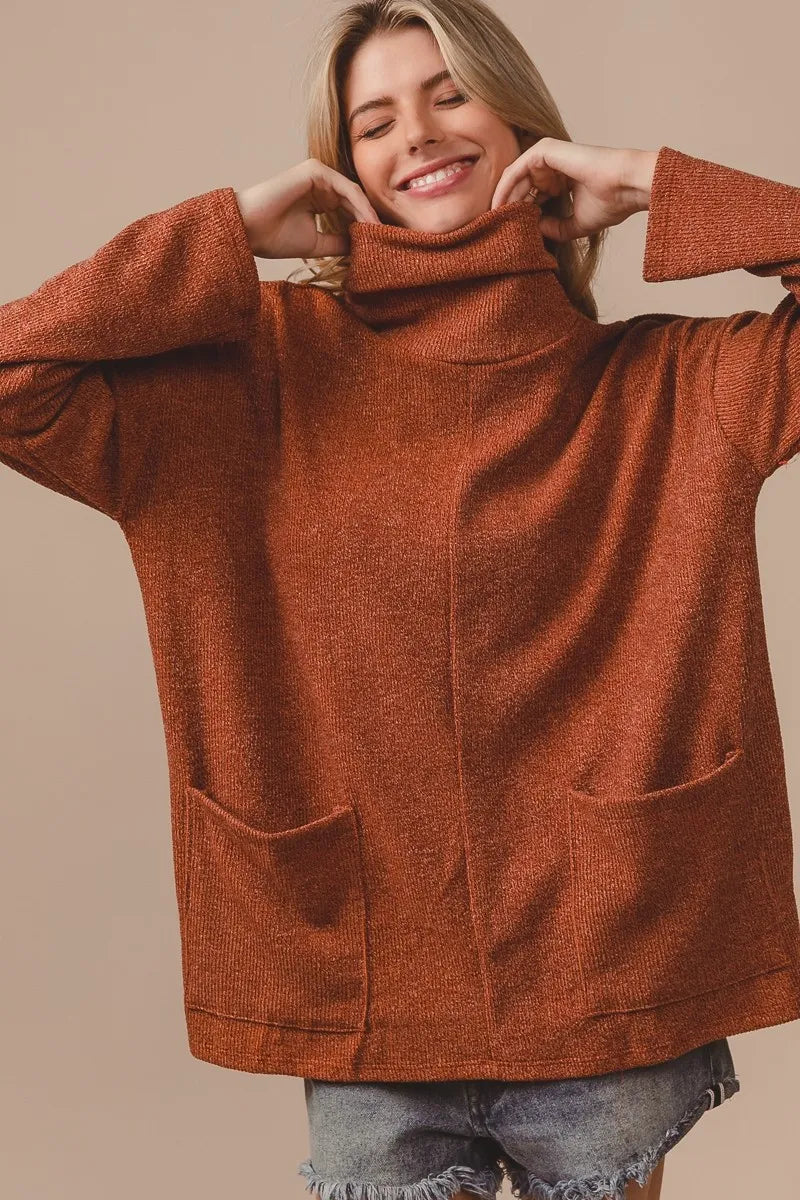 BiBi Piper Rib Double Pocket Turtle Neck Sweater - Velora