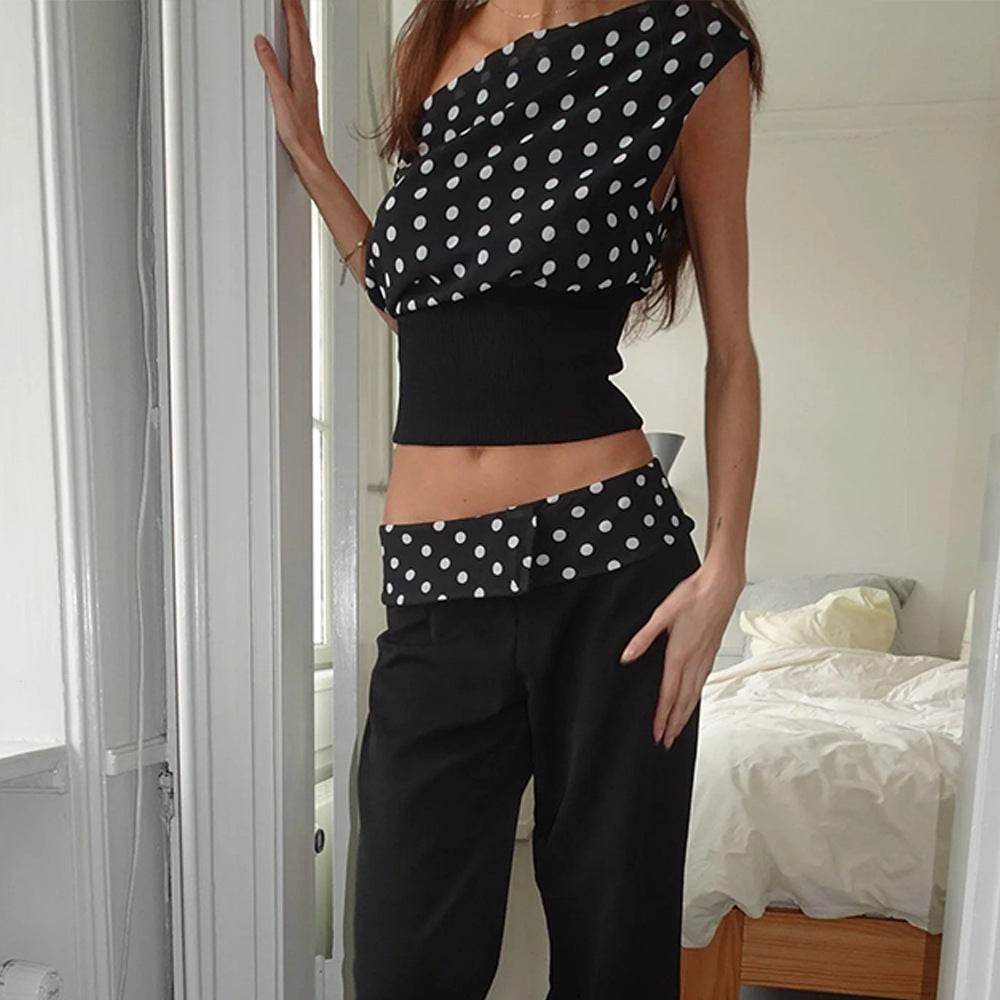 Polka Dots Print Oblique Shoulder Tops Summer Patchwork Chiffon Crop Top Women Sexy Sleeveless Lace Up Backless Blouse Casual Streetwear Tee - Velora