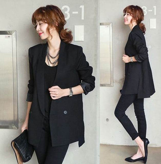 Solid Long Style Black Women Jacket and Blazer Female Notched Collar Asymmetrical Chic Ladies Blazers feminino - Velora