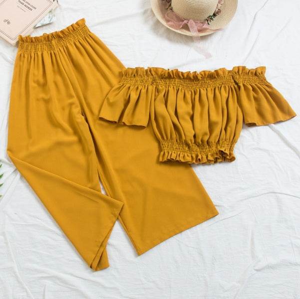 New Beach Two Piece Sets Clothes Women Sexy Slash Neck Crop Top Wiht Loose Pants Suits Summer Woman 2 Pcs Set Feminino - Velora