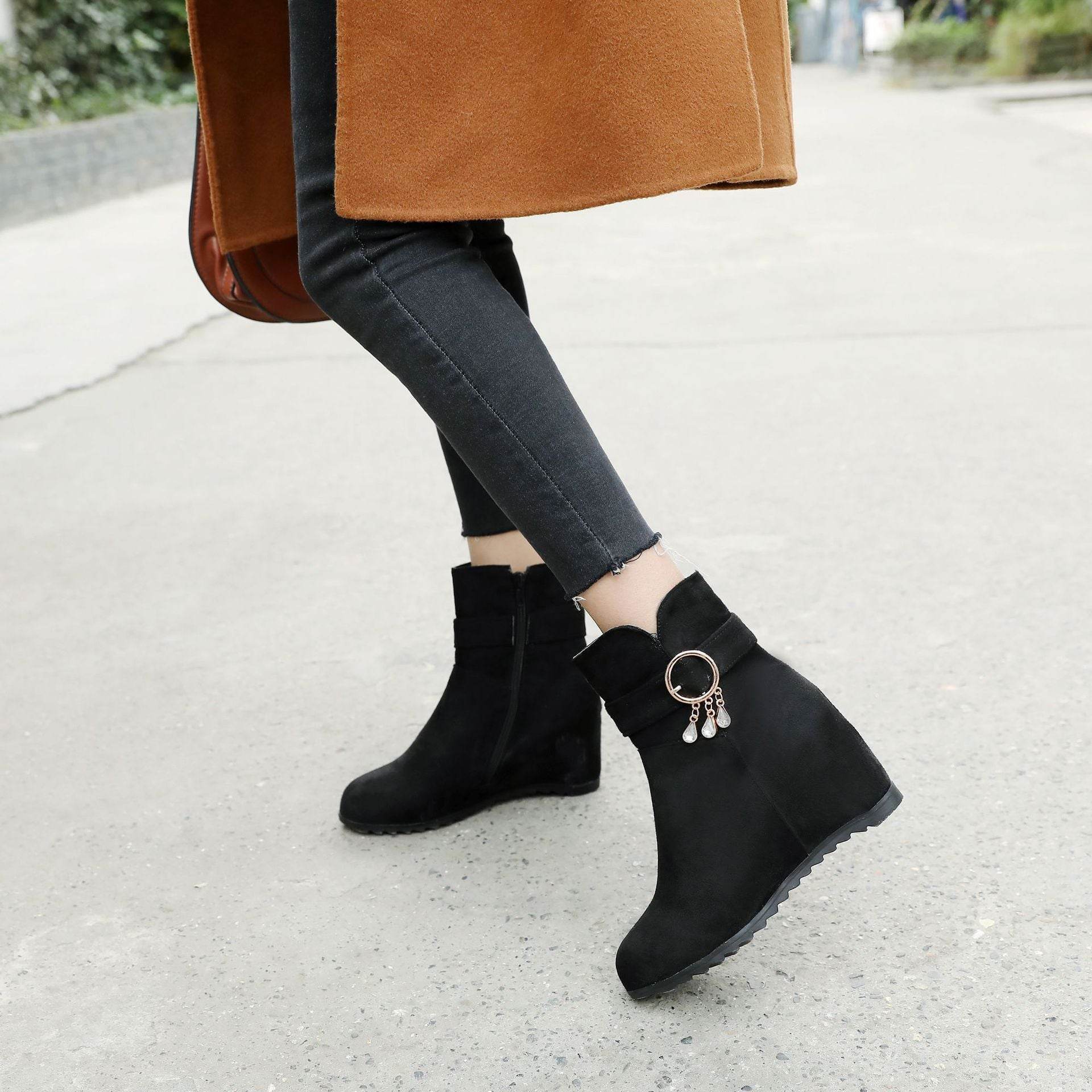 Fringed Round Toe Wedge Heel Winter Ladies Short Boots - Velora