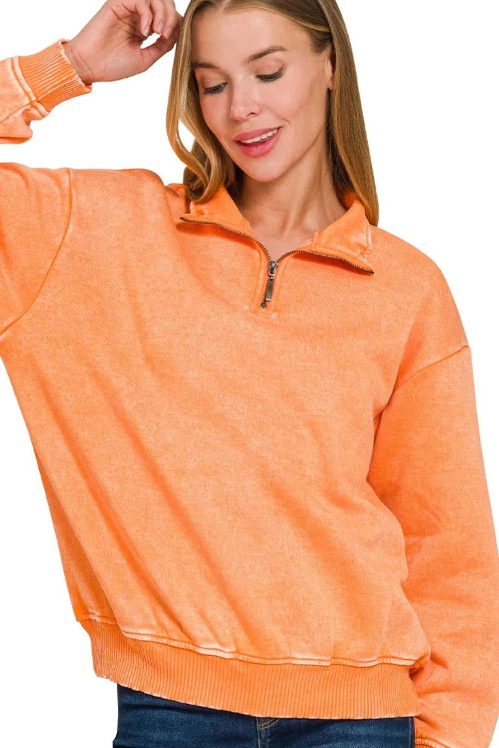 Zenana Acid Wash Fleece Half Zip Pullover Sweatshirt - Velora