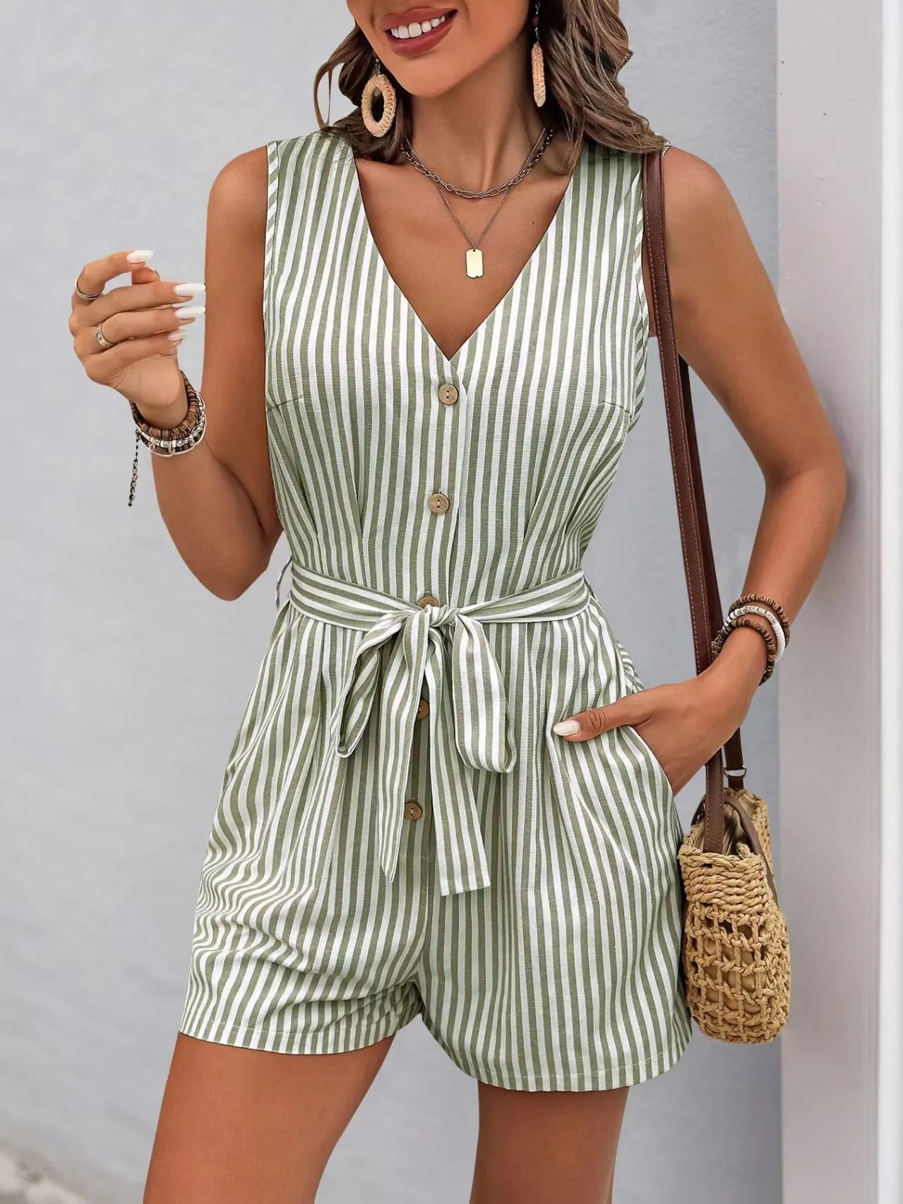 Striped V-neck Button Front Belted Romper - Velora