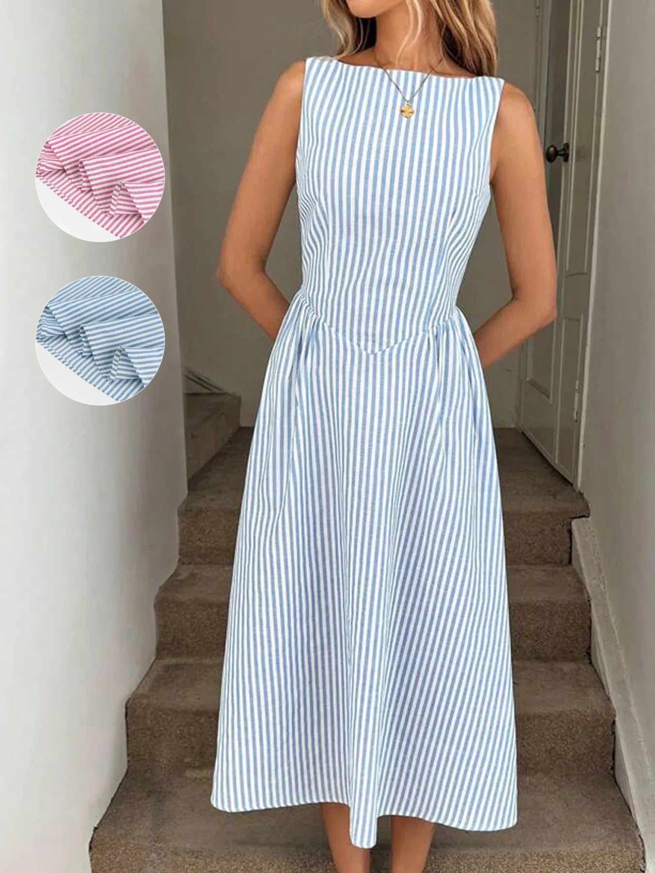 Sleeveless Striped Midi Dress - Velora