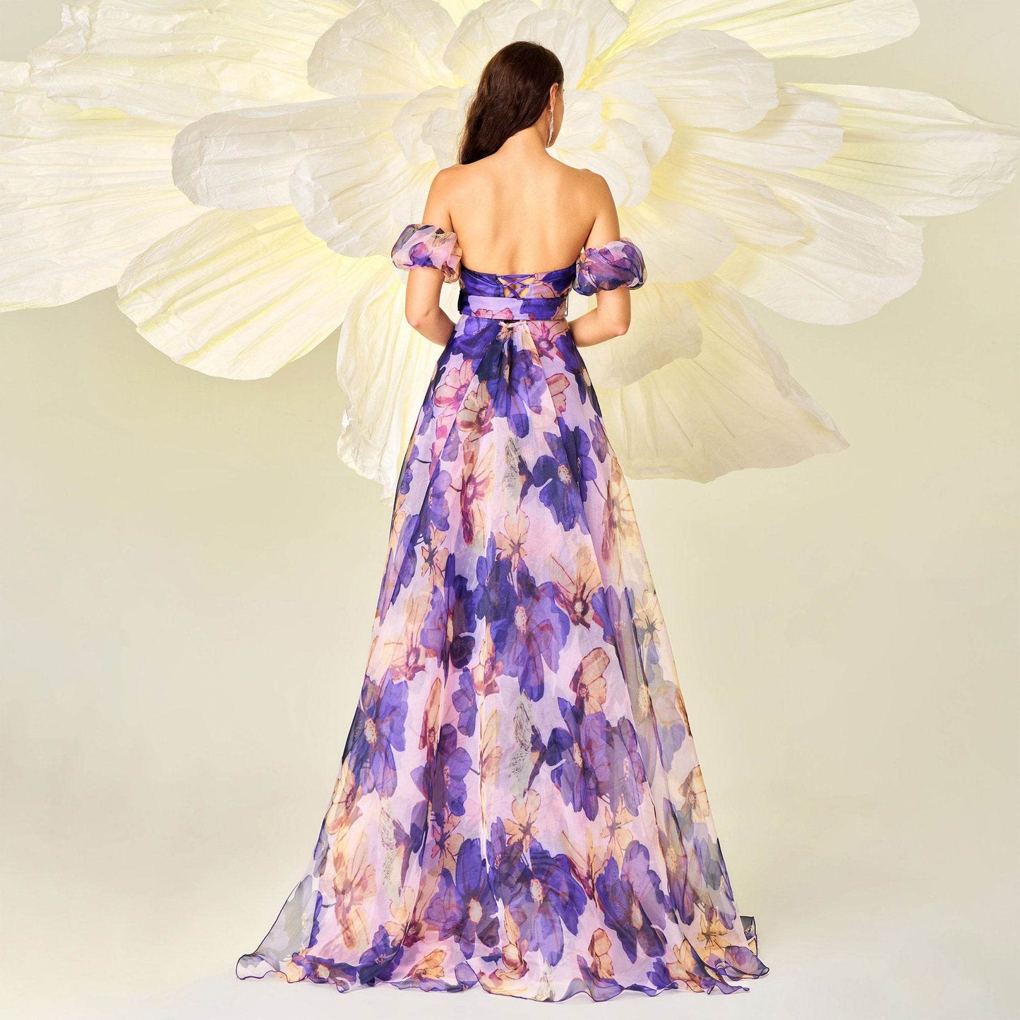 Chest-wrapped Off-neck Slim-fit Waist Trimming Printing Banquet Large Swing Evening Dress - Velora