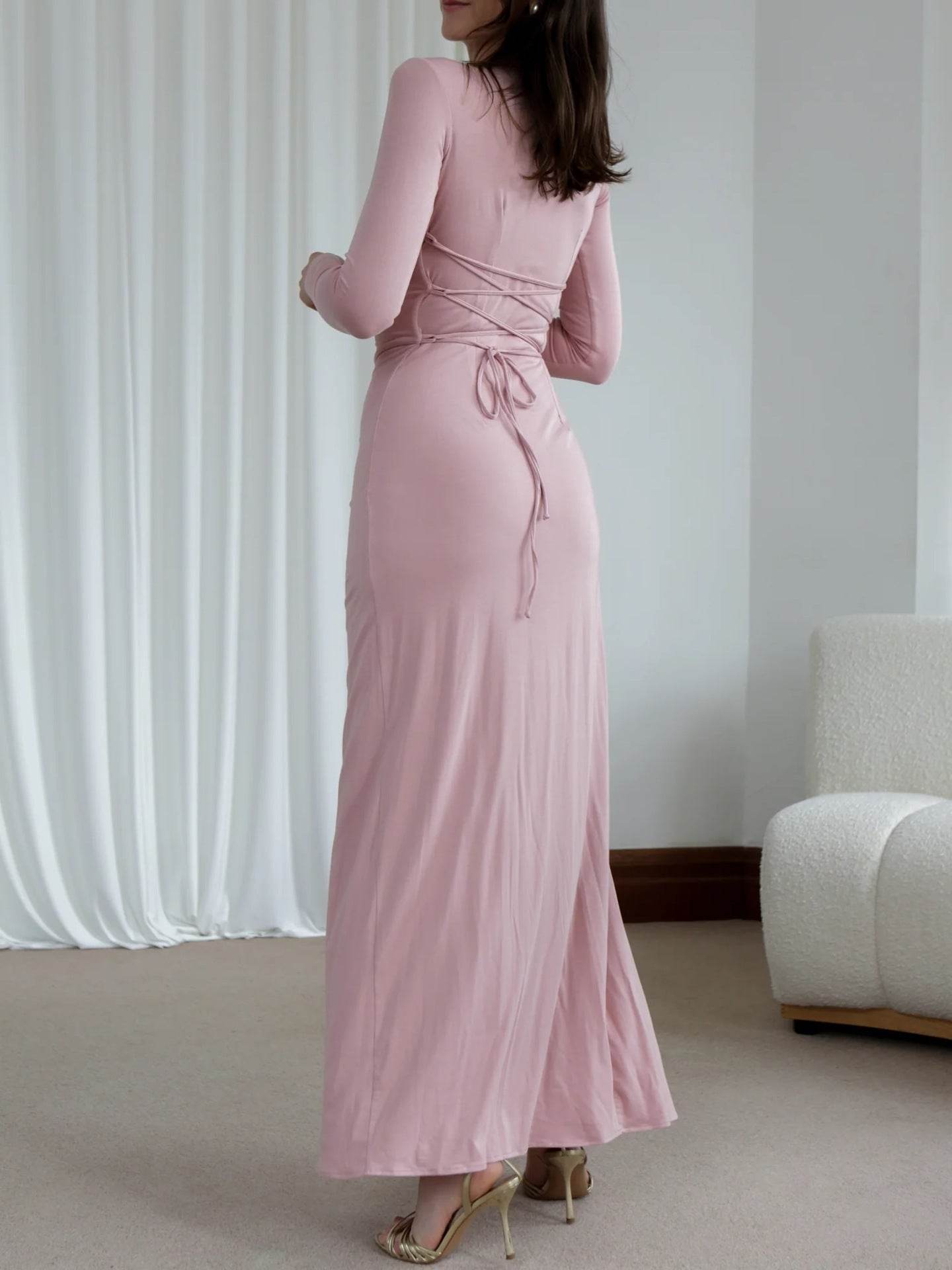 Slim-fitting Long-sleeved Asymmetric Split Dress Ins Fashion Solid Color Long Dresses For Women - Velora