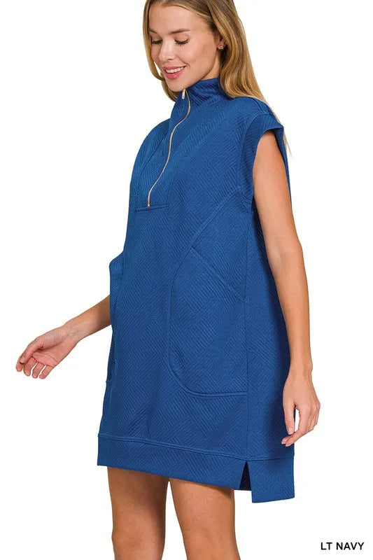 Zenana Textured Knit Jacquard Quarter Zipper Mini Dress - Velora