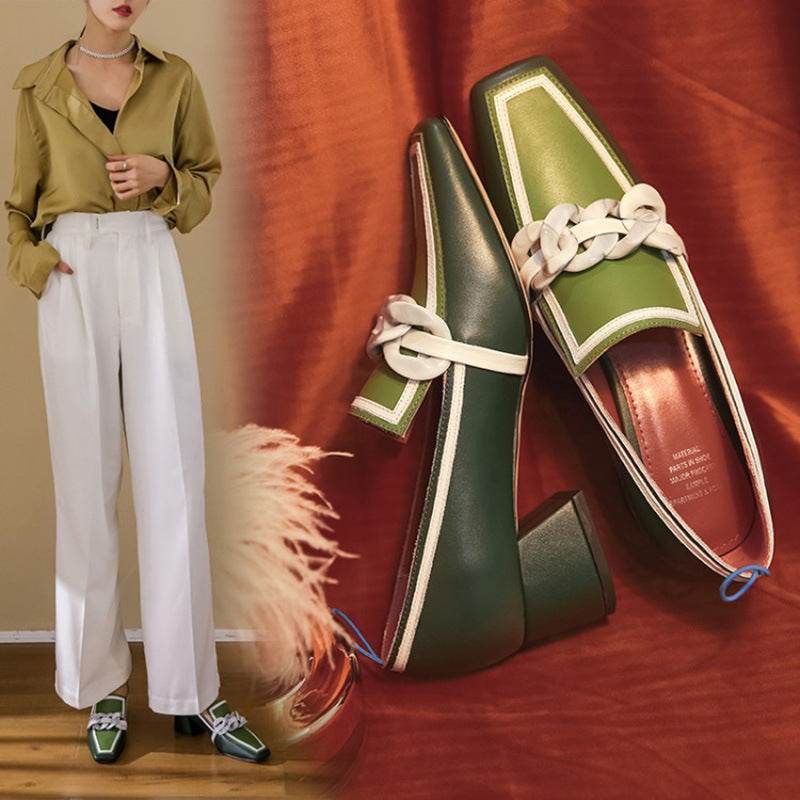 Color Matching Square Toe Women's Shoes Green Mid-Heel English Style Small Leather Shoes - Velora