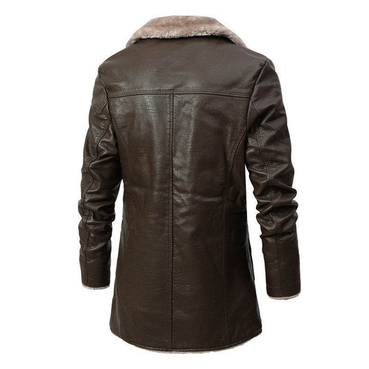 Plush Lapel Leather Jacket Winter Warm Fleece Single-breasted Coat For Men Long Clothing - Velora