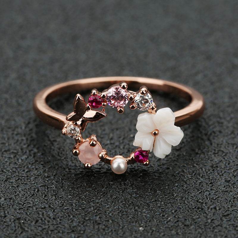 Creative Jewelry Butterfly Flower Real Rose Gold Ring Women'S Accessories Jewelry - Velora