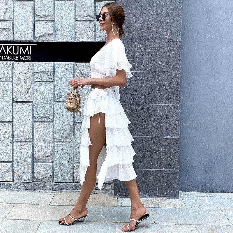 2pcs Summer White Vacation Resort Beach Outfit set summer fashion - Velora
