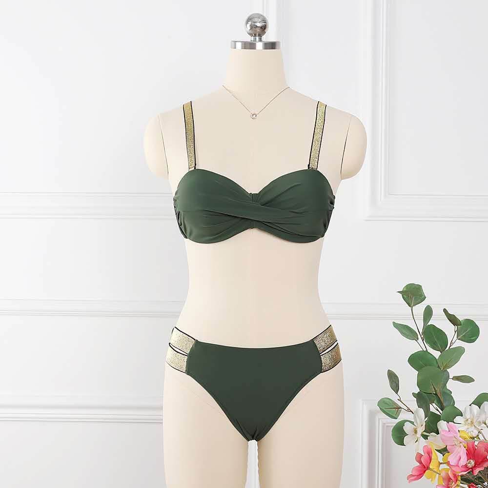 Bikini Sets Solid Color Swimsuit Sexy Mid-Waist Bandeau Gather Cup Bikinis Women Swimwear Female Bathing Suits Beach Wear - Velora