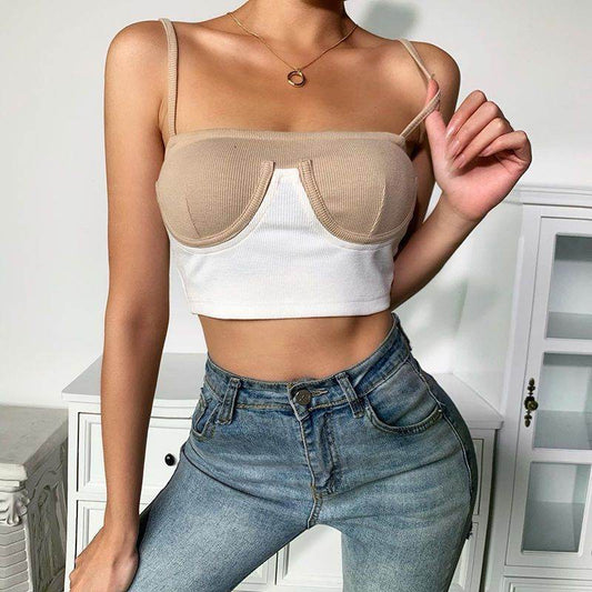 InstaHot Cami Top Women Summer Rib Knit Bikini Patchwork Slash Neck Slim Skinny Backless Crop Top Casual Fashion Strap Tops - Velora