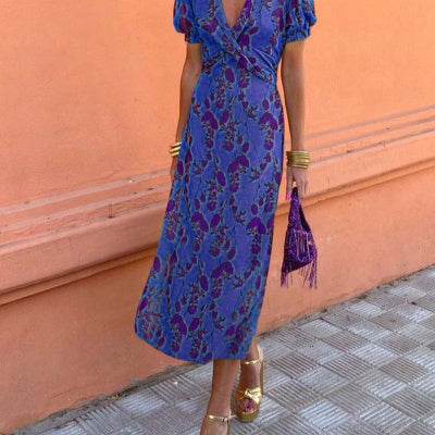 Summer V-neck Short-sleeved Dress Fashion Flowers Printed Slim Beach Dresses For Women Clothing - Velora