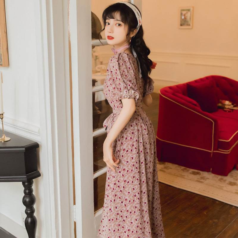 Retro Long Skirt New Style French Elegant V-neck Printed One-Oiece Wrap Skirt Purple Dress Female - Velora