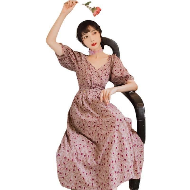 Retro Long Skirt New Style French Elegant V-neck Printed One-Oiece Wrap Skirt Purple Dress Female - Velora