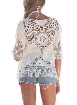 Jastie Bohemian Hollow Out Beach Cover Up Blouse Beach Shirt Women Crochet Lace Top Blusas mujer de moda Summer Tops - Velora