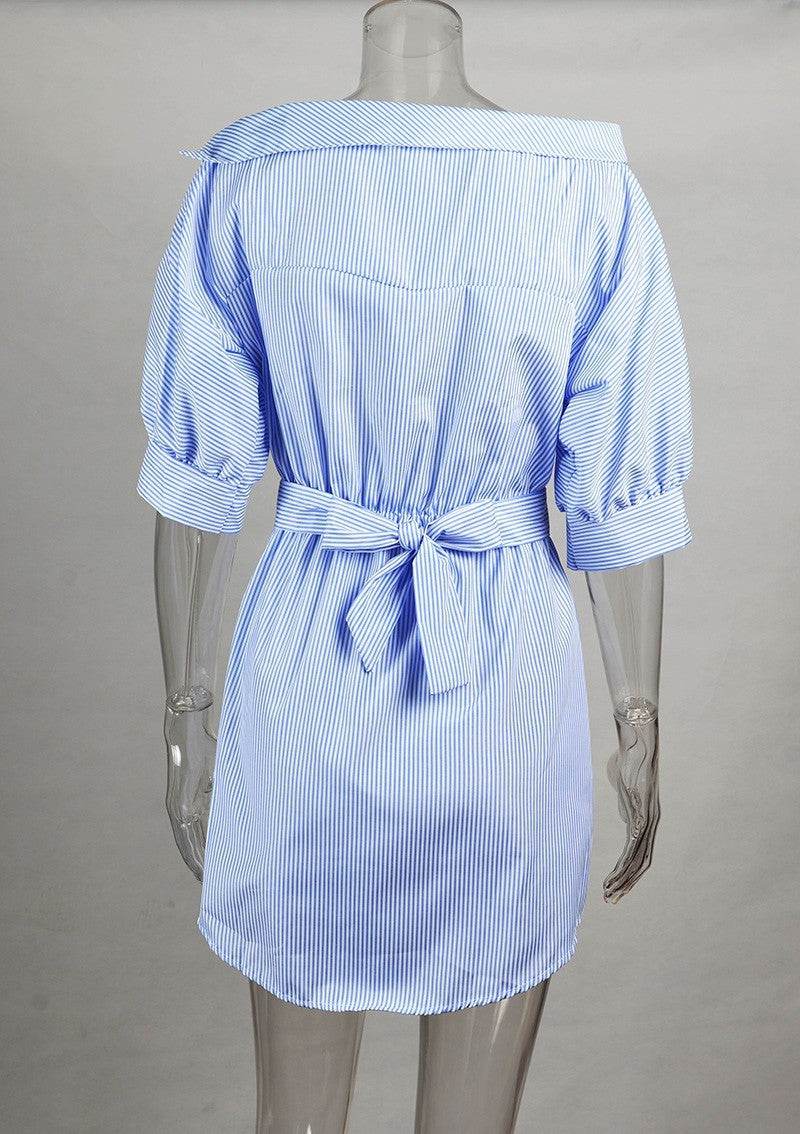 Summer Dress chic slant Shoulder stripe tie belt mini Dress - Velora