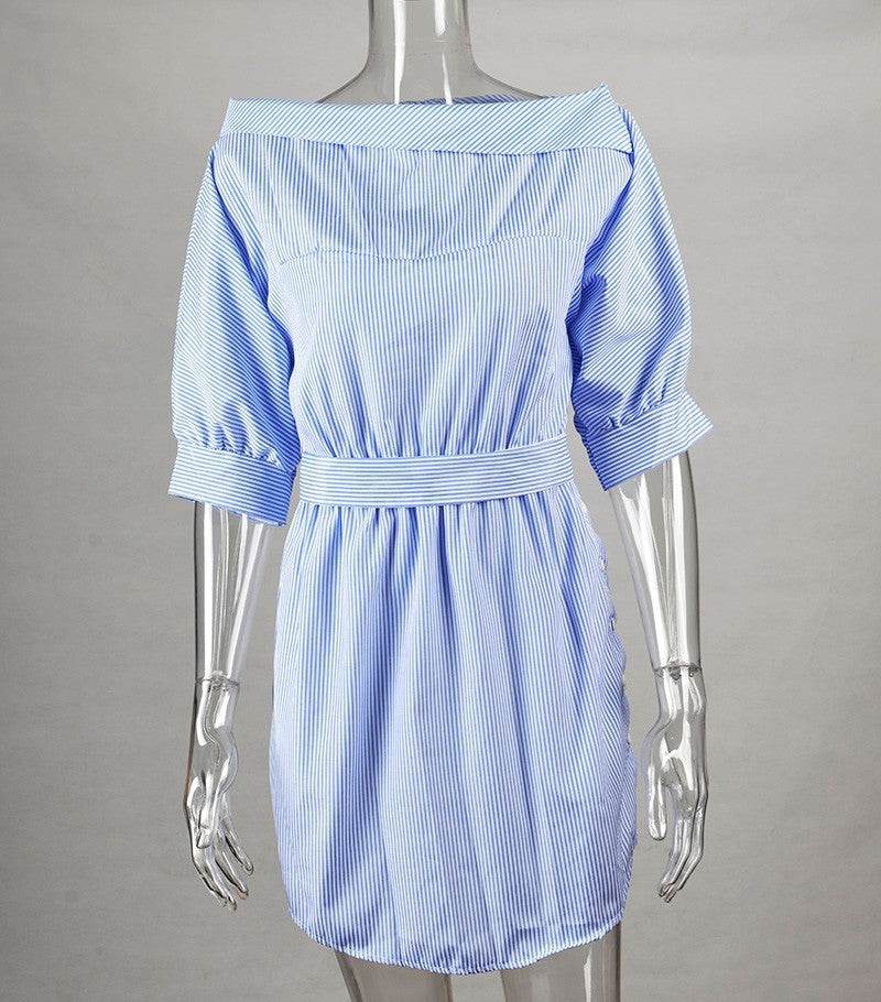 Summer Dress chic slant Shoulder stripe tie belt mini Dress - Velora