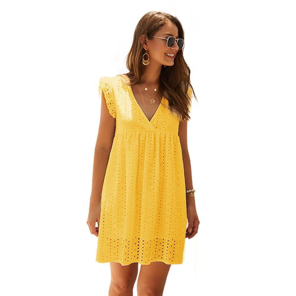 Summer V-neck Cotton Short Skirt Solid Color Dress - Velora