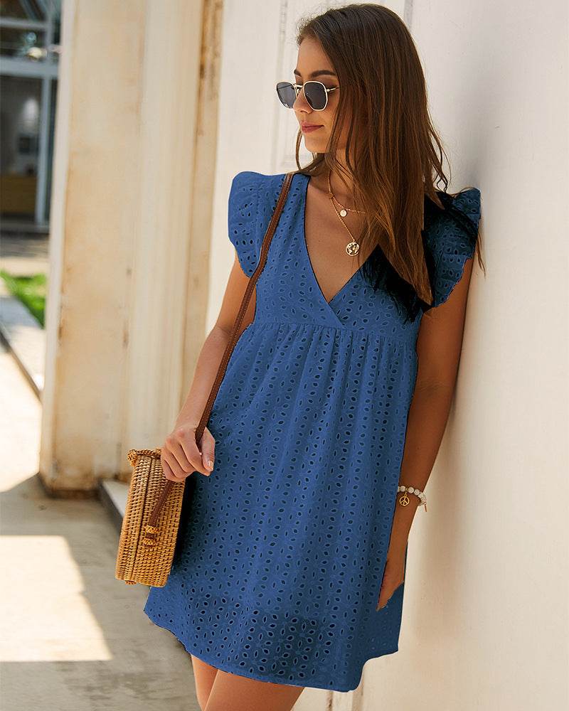 Summer V-neck Cotton Short Skirt Solid Color Dress - Velora