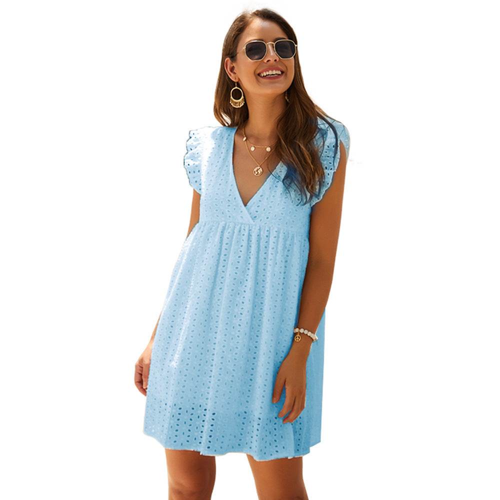Summer V-neck Cotton Short Skirt Solid Color Dress - Velora