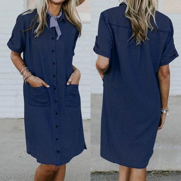 Women's Solid Color Casual Denim Short Sleeve Pocket loose Denim Dress - Velora
